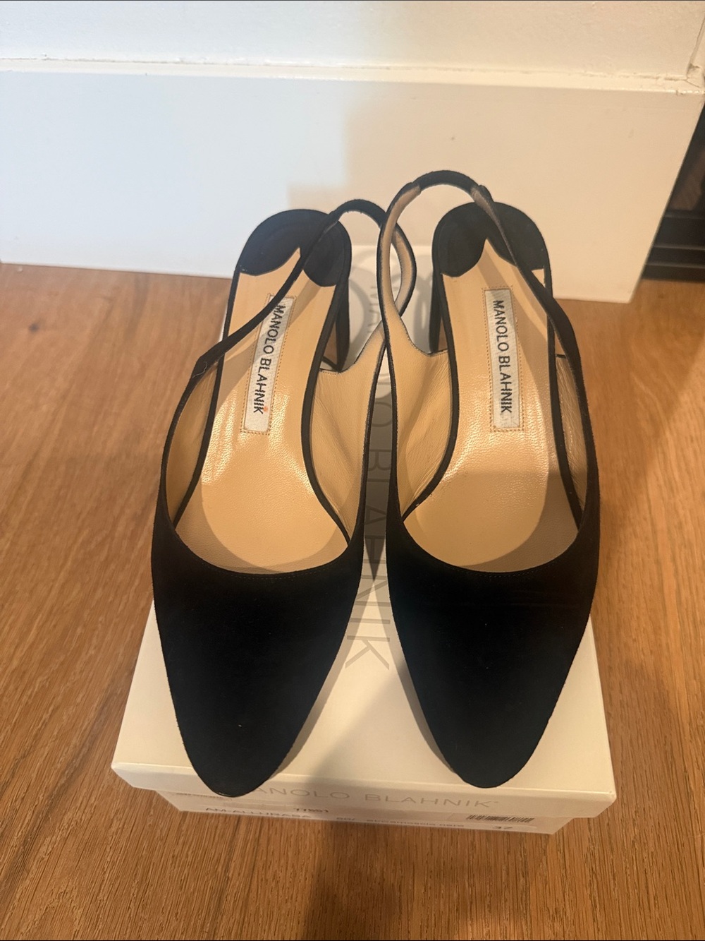 Manolo Blahnik Black Suede Pointed Slingback Pumps